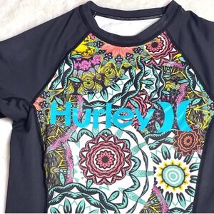Hurley Womens Rash Guard Short Sleeve UPF 50+ Mandala Floral Print Black Teal
